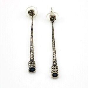 Vintage Marcasite Black Onyx Sterling Silver Dangle Earrings 2 3/8" Sticks Bars